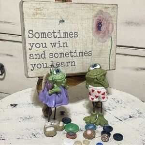 Stage it! Whimsical Frog Figurine Duo with 'Sometimes you win...' Sign